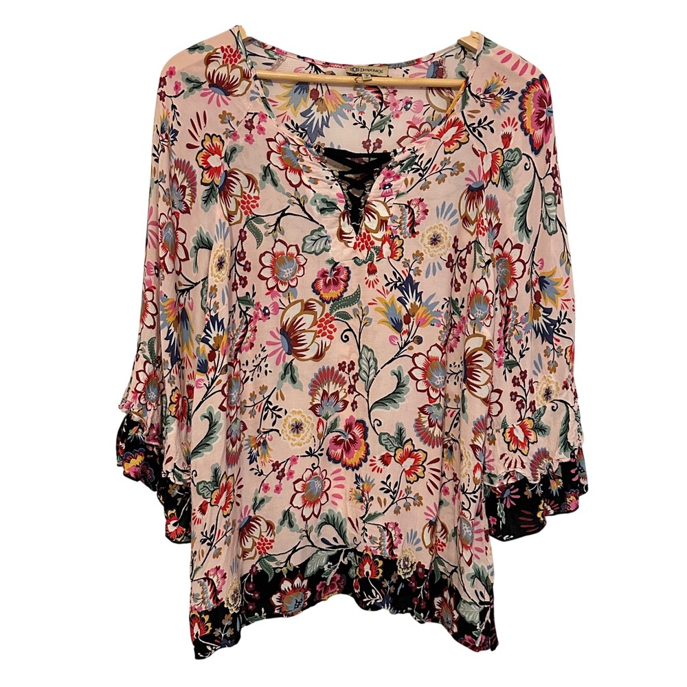 DEMOCRACY Boho Floral Lace Up Blouse Womens M Ruffle Sleeve Feminine Lightweight